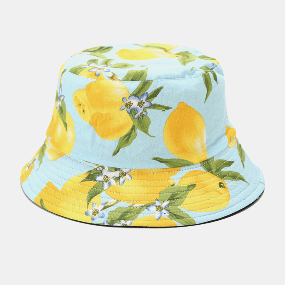 Unisex Cotton Lemon Leaf Pattern Printed Double-Sided Wearable Fashion Bucket Hat - MRSLM