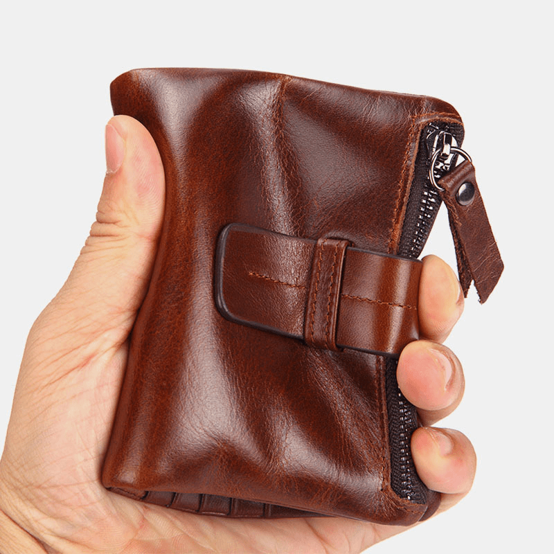 Men Genuine Leather Retro Zipper Cowhide Multi-Slot Card Holder Wallet - MRSLM