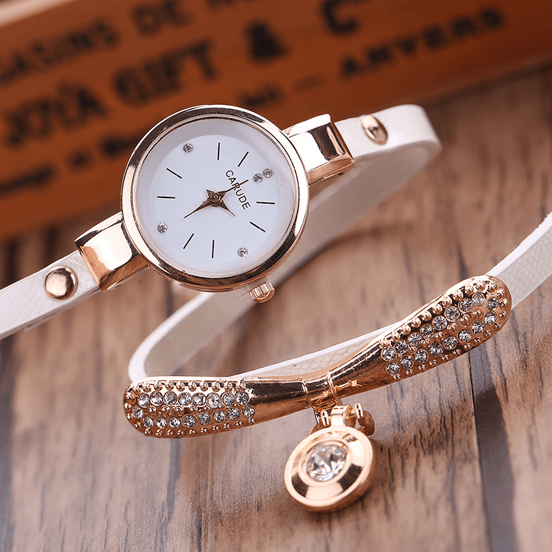 Retro Pu Strap Multi-Layer Lady Watch Metal Geometric Rhinestone Bow Pendant Women Quartz Watch - MRSLM