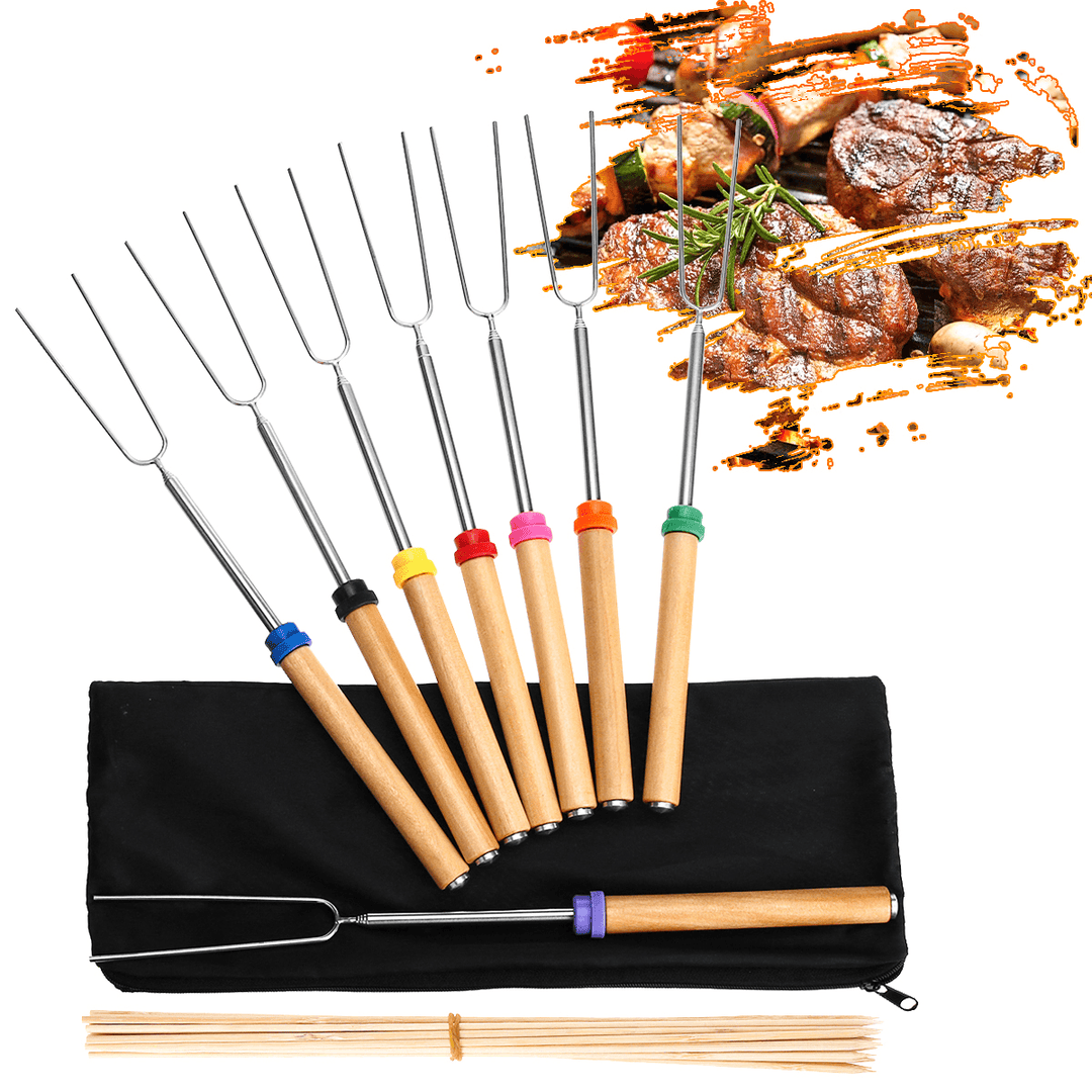 8PCS Roasting Sticks Telescoping 12"-32" Smore Sticks Skewers Set with Wooden Handle for BBQ Hot Dog Fork Fire Pit Camping Cookware - MRSLM