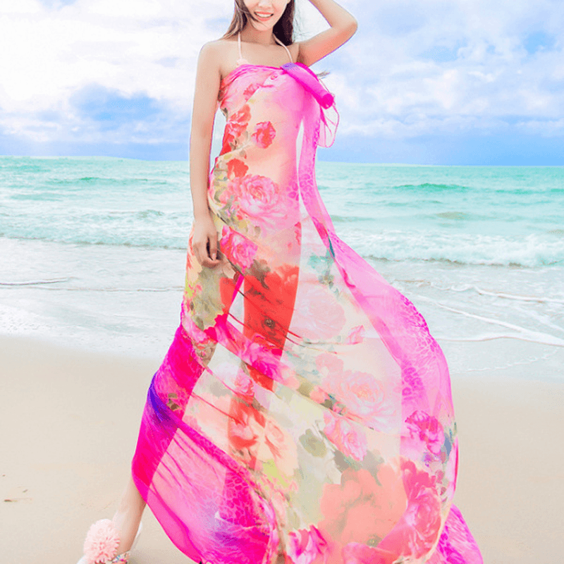 Women Sexy Silk Floral Printed Beach Towel Summer Thin Sunscreen Soft Shawls Dual Wraps - MRSLM