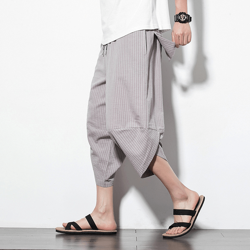 Mens Summer Chinese Style Linen Stripe Loose Casual Pants - MRSLM