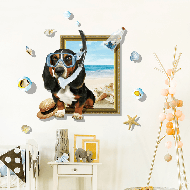 Miico Creative 3D Cartoon Summer Diving Dog Frame PVC Removable Home Room Decorative Wall Floor Decor Sticker - MRSLM