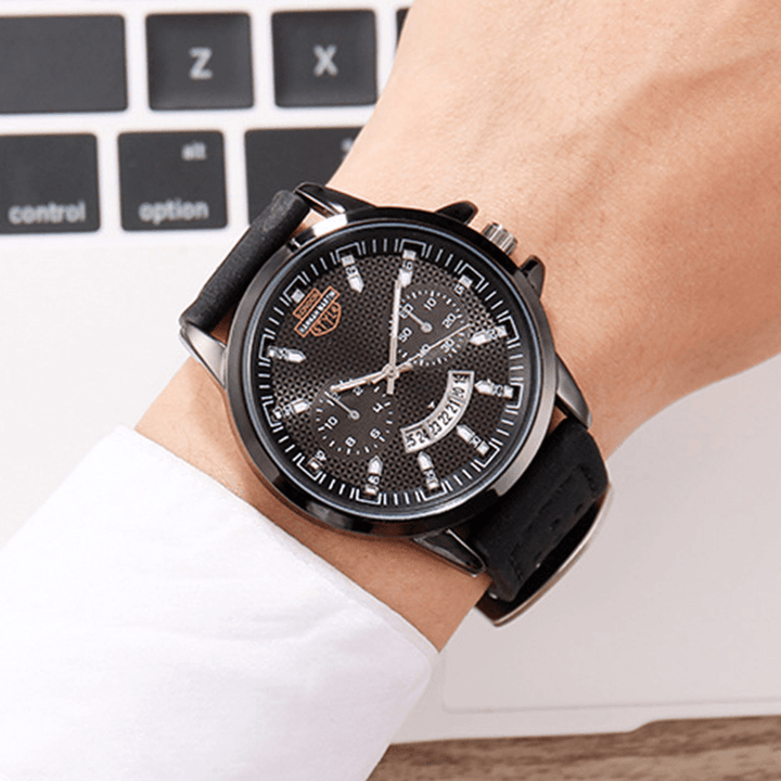 Vintage with Calendar round Dial Breathable PU Leather Band Waterproof Men Quartz Watch - MRSLM