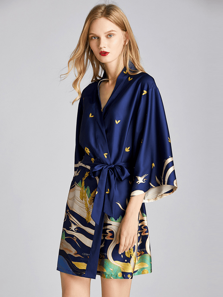 Summer V-Neck 3/4 Sleeve Printed Short Bathrobe Nightgown - MRSLM