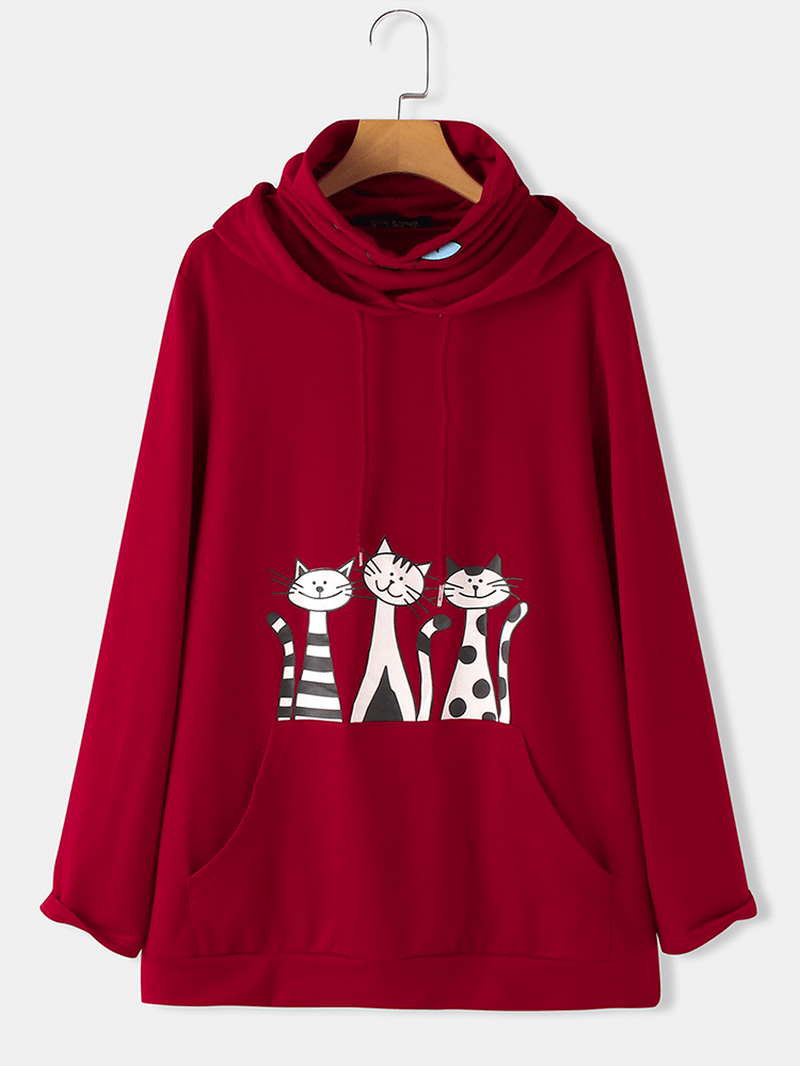 Women Cartoon Cat Print Double Neckline Masked Long Sleeve Hooded Sweatshirts - MRSLM