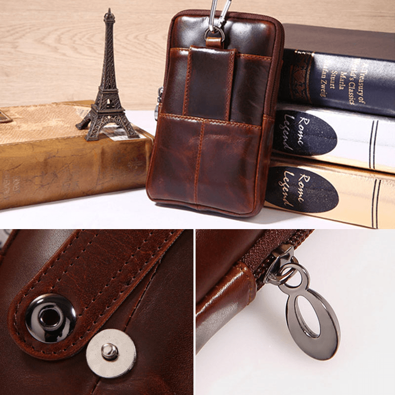 Men Genuine Leather Retro Multifunction 6 Inch Phone Bag Crossbody Bag Waist Bag - MRSLM