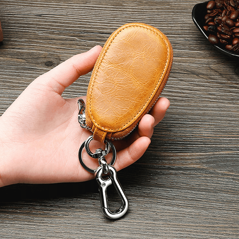 Men Genuine Leather Minimalist Wallet Double Zipper Car Key Case Key Holder - MRSLM