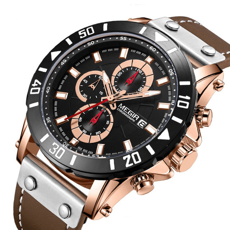 MEGIR 2081 Chronograph Luminous Quartz Watch Waterproof Leather Timing Men Watch - MRSLM