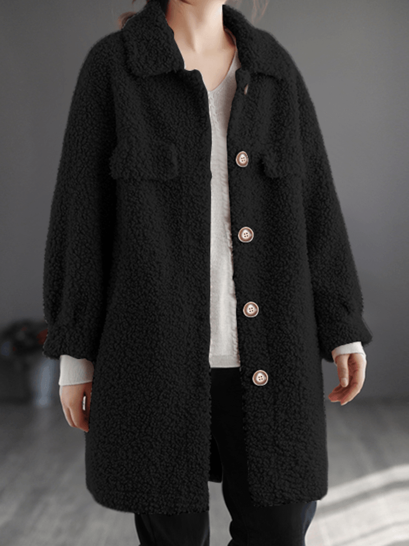 Women Solid Loose Casual Teddy Velvets Wool Daily Leisure Retro Lapel Medium Long Coat - MRSLM