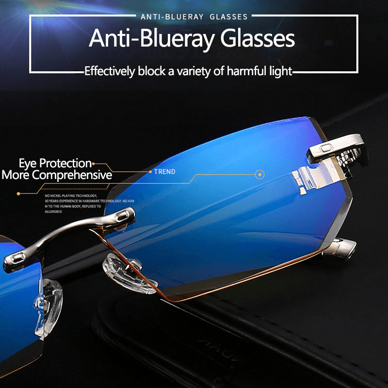 Unisex Anti-Blue Light Radiation Rimless Metal Presbyopia Glasses High-Definition Reading Glasses - MRSLM