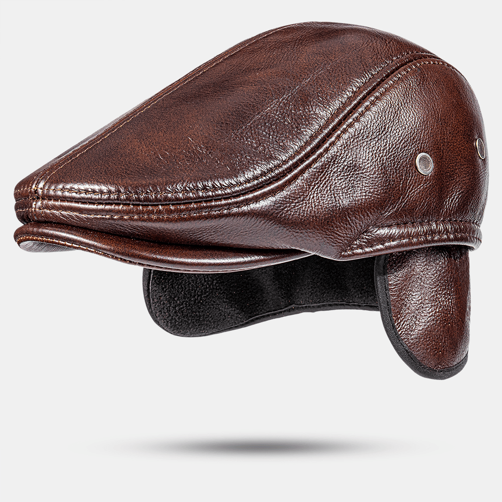 Men Genuine Leather Ear Protection Earmuffs Design Winter Windproof Warmth Berets Forward Cap Peaked Cap - MRSLM