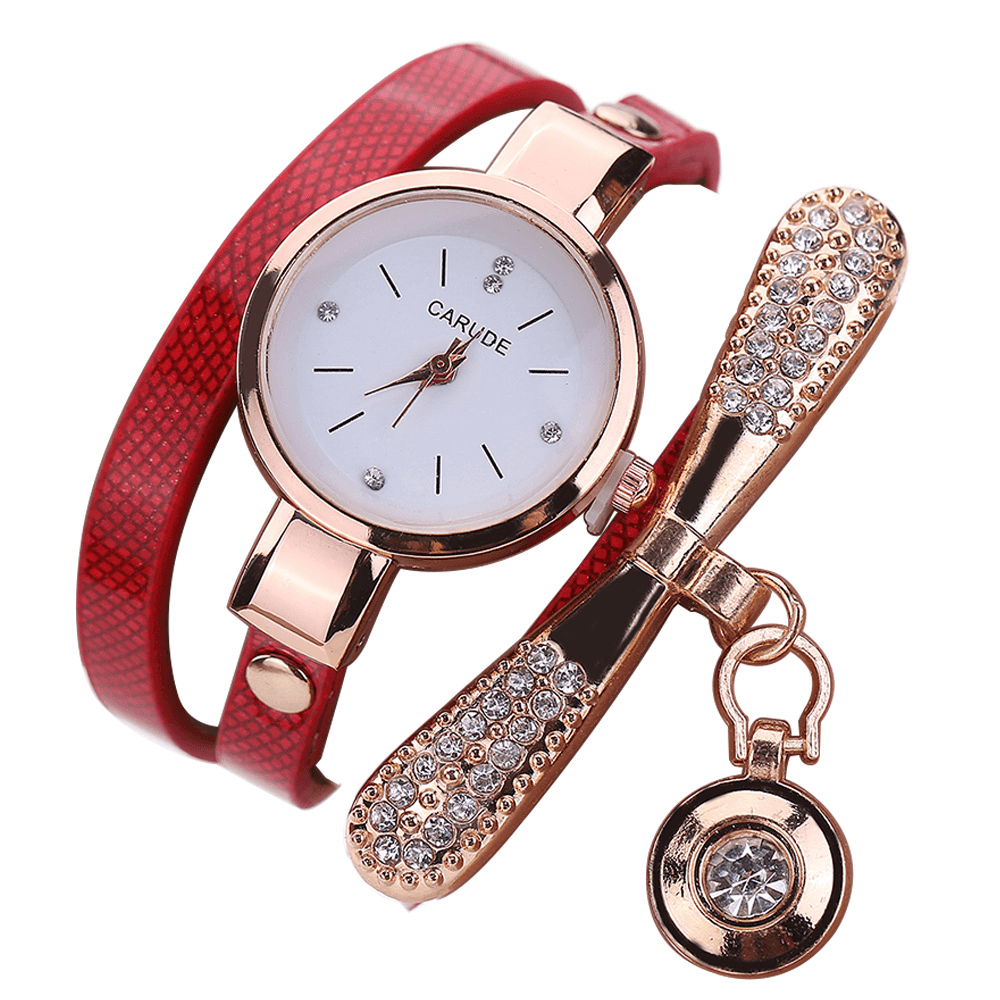 Retro Pu Strap Multi-Layer Lady Watch Metal Geometric Rhinestone Bow Pendant Women Quartz Watch - MRSLM