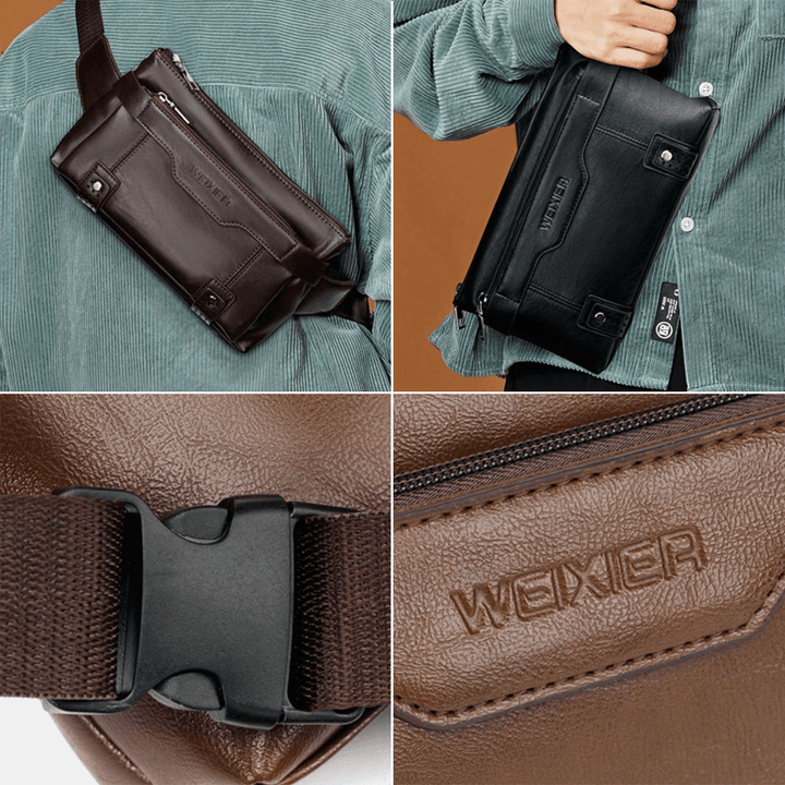 Men PU Leather Waterproof Large Capacity Chest Bag Outdoor Outing 6.5 Inch Phone Bag Crossbody Bags Shoulder Bag - MRSLM