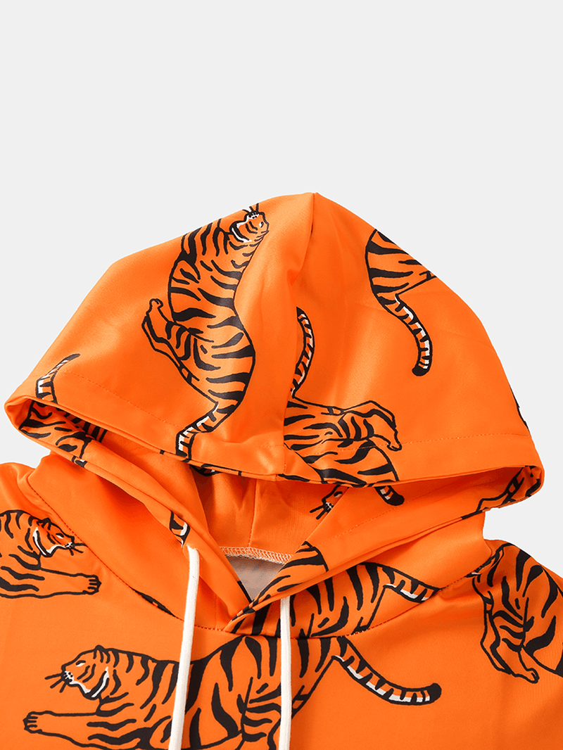 Mens Cartoon Tiger Print Long Sleeve Pocket Orange Drawstring Hoodies - MRSLM