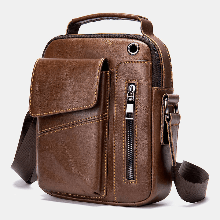 Men Genuine Leather Multi-Pockets Earphone Hole Vintage Waterproof Crossbody Bags Shoulder Bags - MRSLM