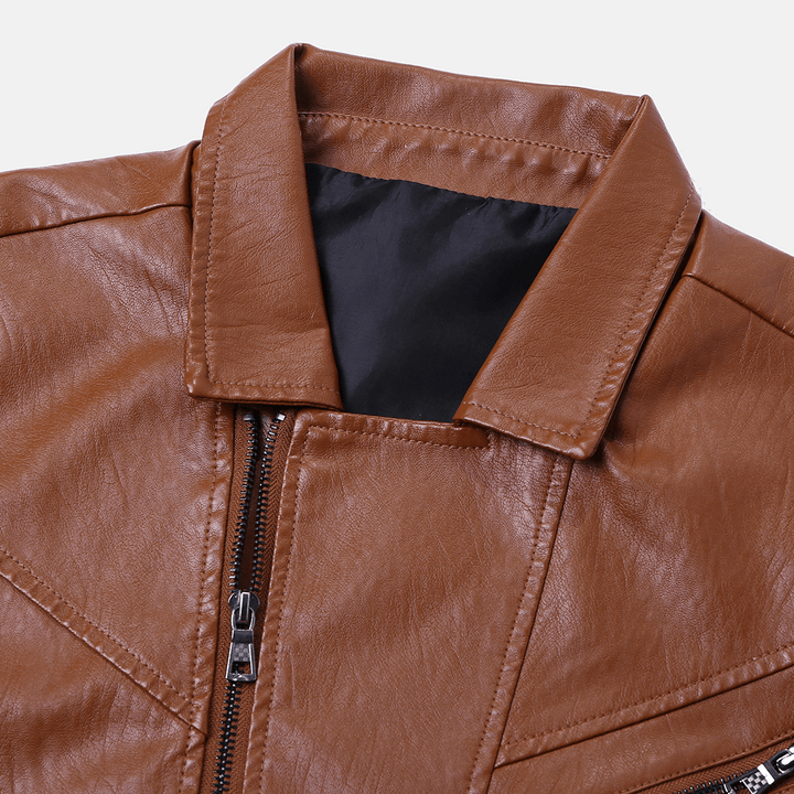 Men Zipper Cuff Multi Pockets Leather Rider Jacket - MRSLM