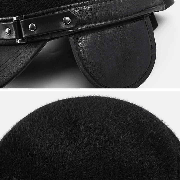 Men Artificial Mink Hair PU Brim Patchwork Rivet Decoration Built-In Ear Protection Thick Warmth Flat Cap - MRSLM