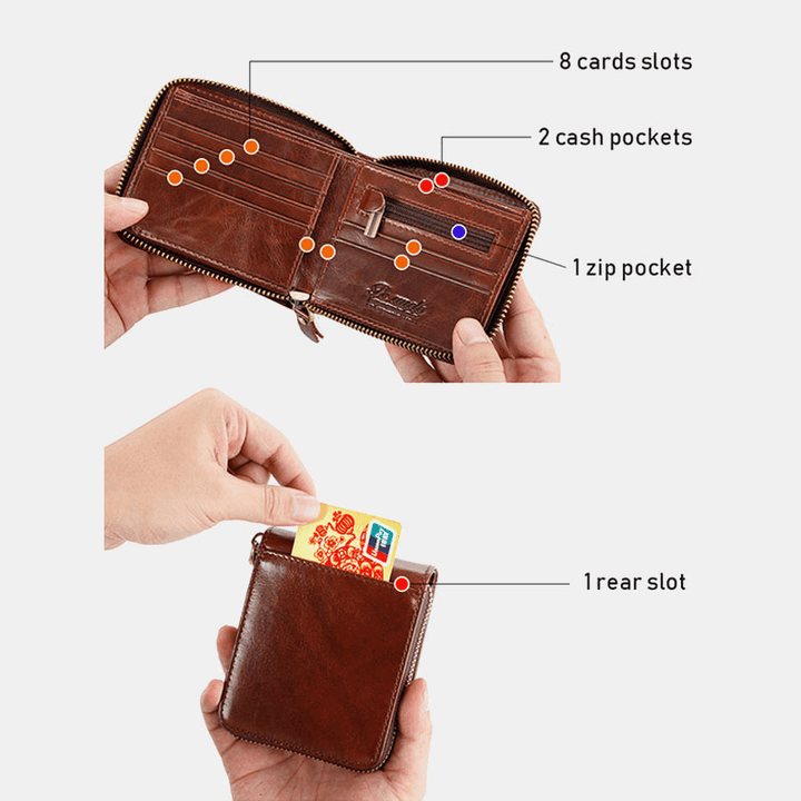 Men Genuine Leather Mini Retro Leather Coin Card Holder Zipper Wallet - MRSLM