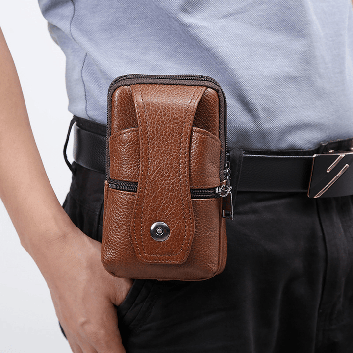 Men Genuine Leather Business Multi-Carry 6.3 Inch Phone Bag Waist Bag - MRSLM