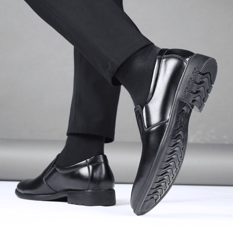 Men Cowhide Leather Pointed Toe Soft Bottom Slip on Business Casual Dress Shoes - MRSLM