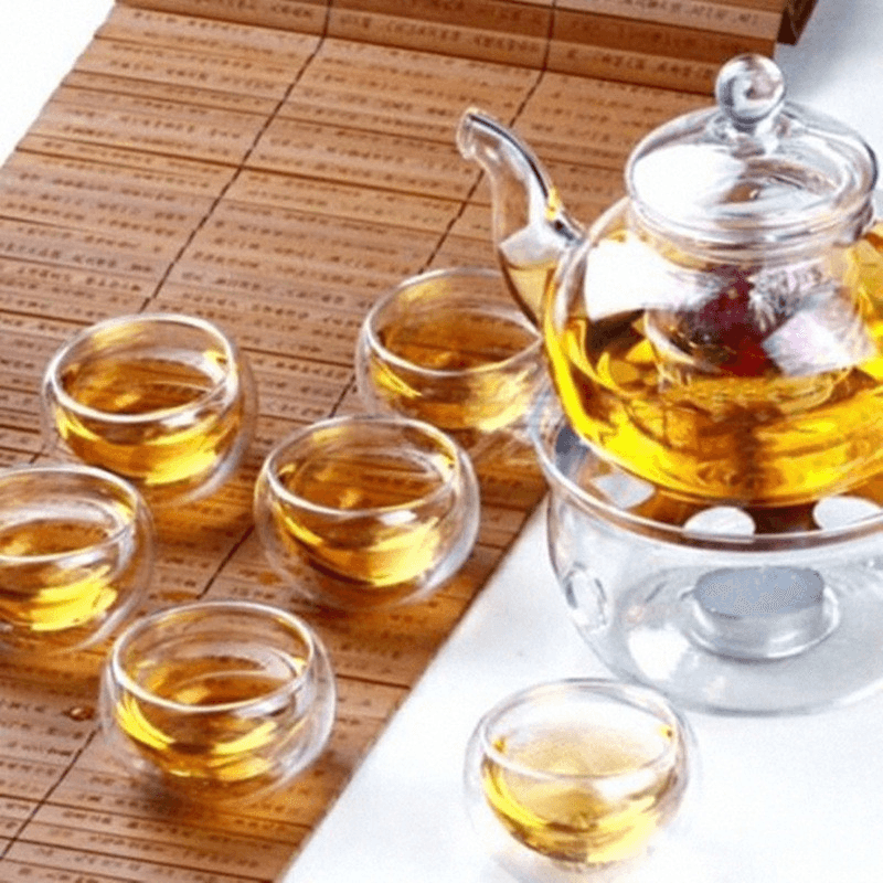 Borosilicate Glass Tea Pot Set Heat-Resistant Teapot Warmer 6 Double Wall Tea Cups - MRSLM