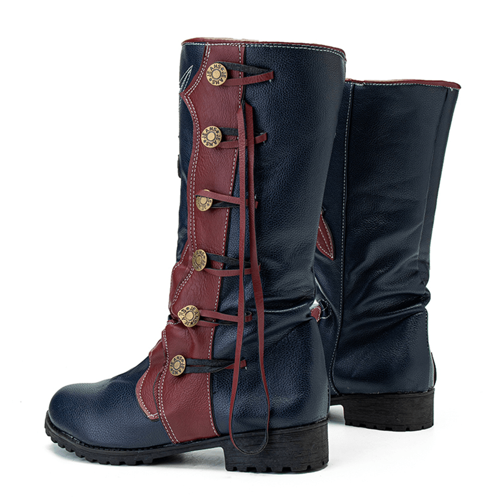 Women Leaf Pattern Autumn Winter Warm Wear Resistant round Head Mid-Calf Boots - MRSLM