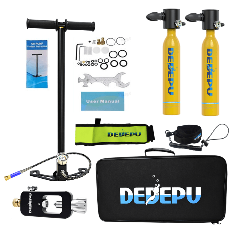 2X0.5L Yellow DEDEPU Scuba Diving Tank Mini Scuba Tank Air Oxygen Cylinder Underwater Diving Set with Adapter & Storage Box Diving Set Equipment 11 in 1 - MRSLM