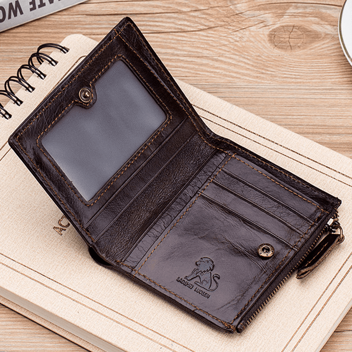 Men Bifold Leather Wallets Hasp Short Large Capacity Coin Purse Card Holder Cowhide Wallets - MRSLM