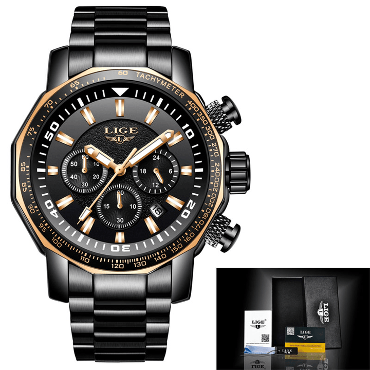 LIGE LG9871 Luxury Business Style Date Display Luminous Pointers Waterproof Stainless Steel Band Men Quartz Wrist Watch - MRSLM