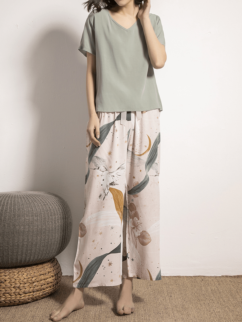 Women V-Neck Tops Tropical Plant Print Wide Leg Pants Casual Pajama Set - MRSLM