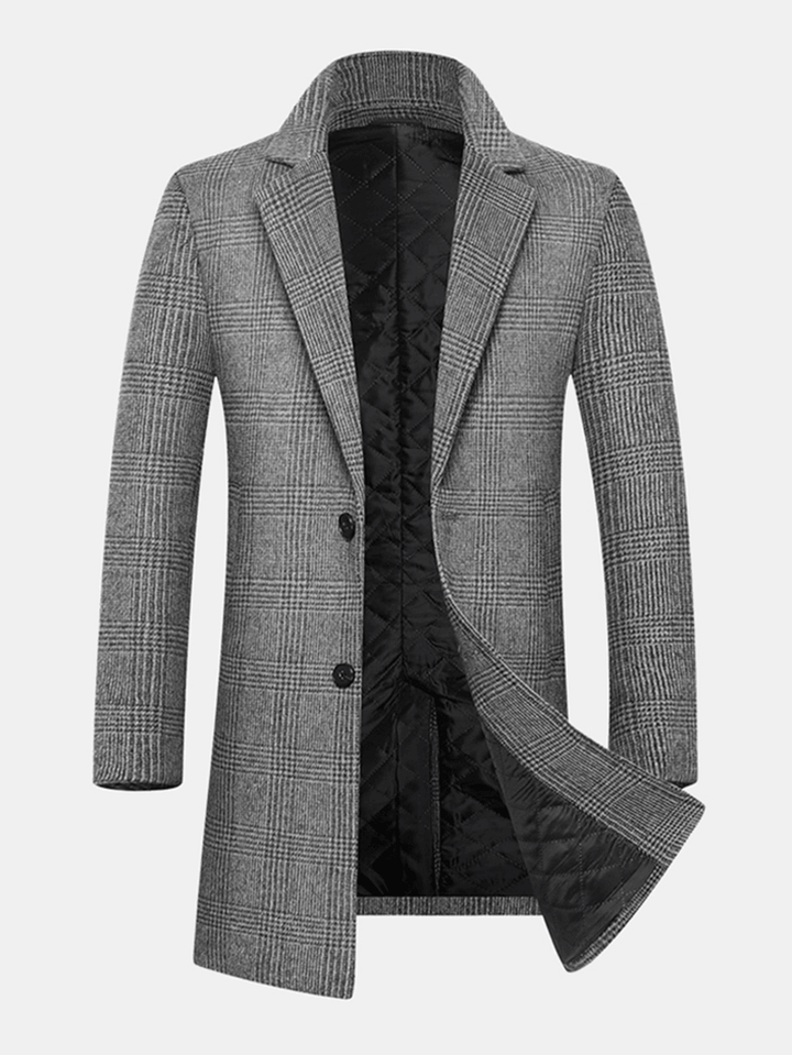 Mens Houndstooth Woolen Single-Breasted Lapel Mid-Length Overcoat - MRSLM