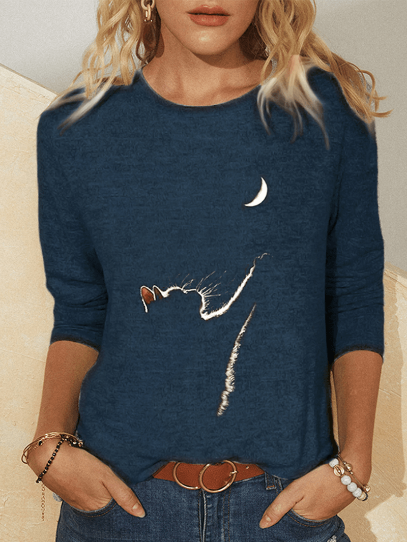 Women Design Cat Print O-Neck Long Sleeve Casual T-Shirts - MRSLM