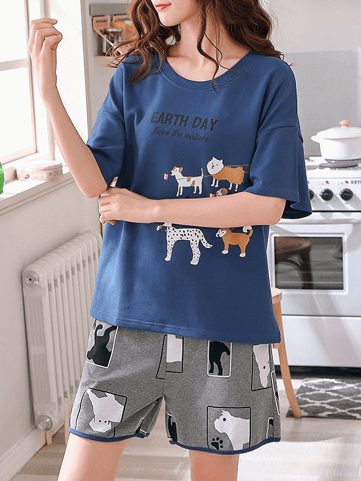 Cute Cartoon Print Short Sleeve Loose Two Piece Pajama Set for Women - MRSLM