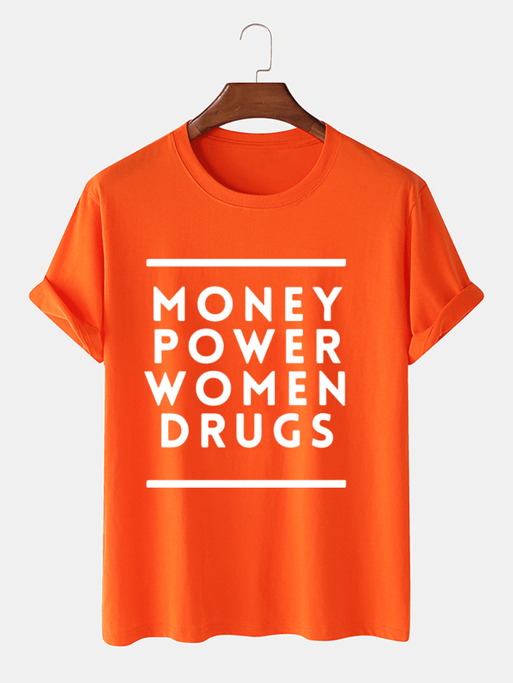 Mens Money Power Letter Print Cotton O-Neck Casual Loose Short Sleeve T-Shirt - MRSLM