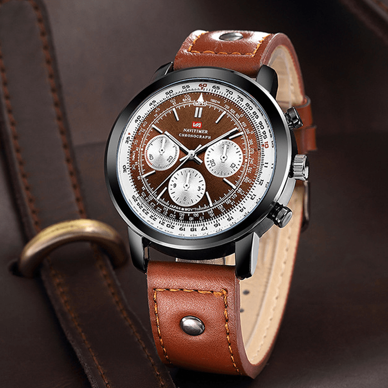 VAVA VOOM VA-207 Business Large Dial Genuine Leather Strap Chronograph Waterproof Men Quartz Watch - MRSLM