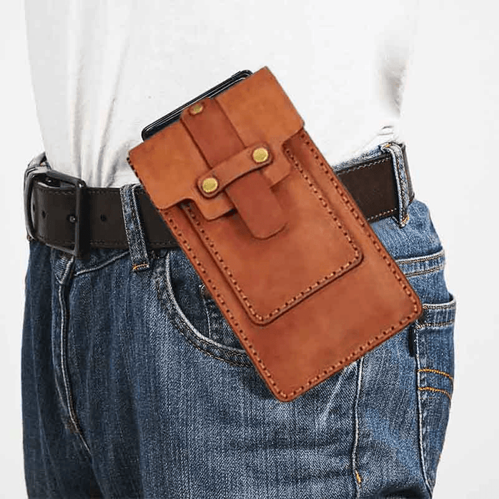 Ekphero Men Retro Genuine Leather EDC Multifunction Waist Bag Casual 6.3 Inch Phone Bag Belt Bag - MRSLM