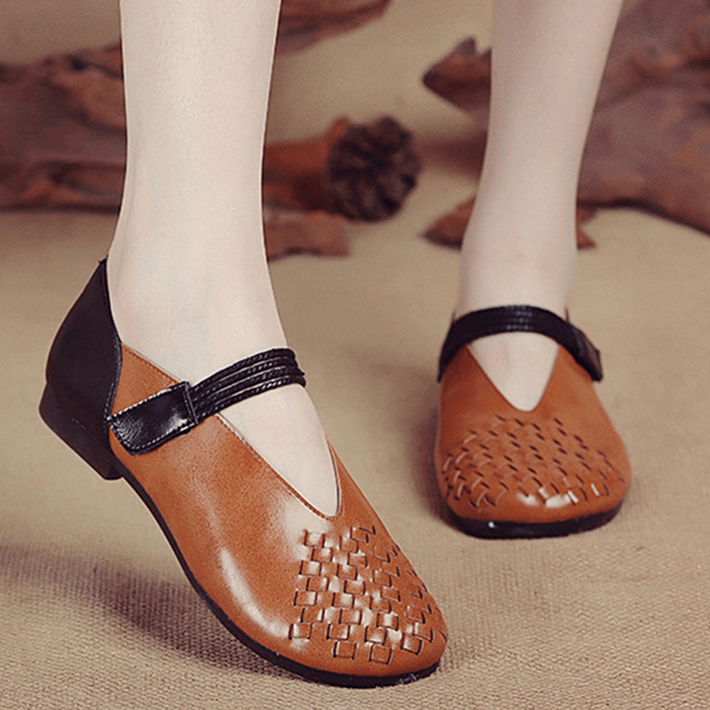 Women Genuine Leather Knitted Casual Hook Loop Flats - MRSLM