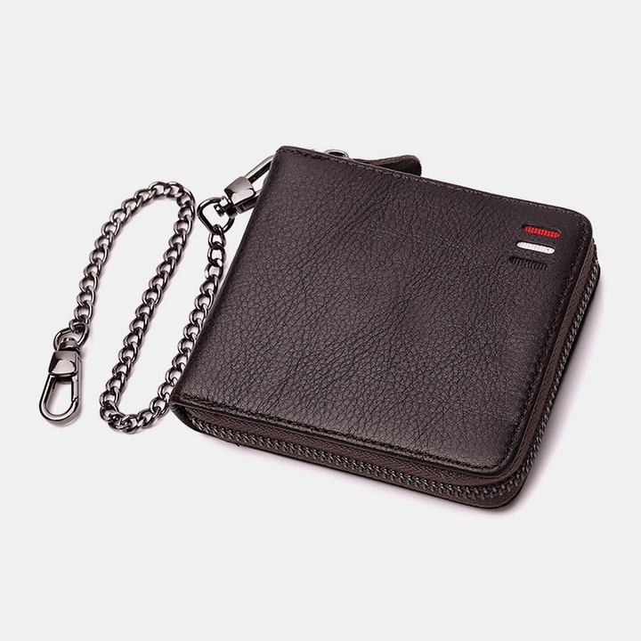 Men Genuine Leather Chain RFID Blocking Anti-Theft Zipper Multi-Slot Card Holder Wallet - MRSLM