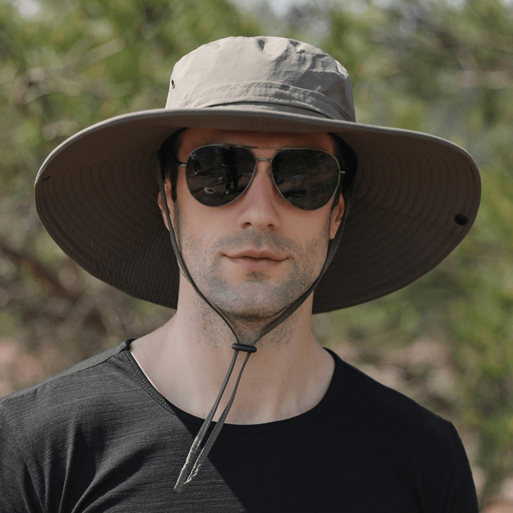 Men Dual-Use Anti-Uv Bucket Hat Big Brim Windproof Rope Adjustable Outdoor Fishing Sunshade Hat - MRSLM