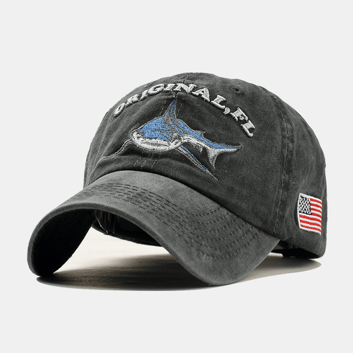 Men Women Denim Sunshade Hat Embroidered Letter Shark Washed Baseball Cap - MRSLM