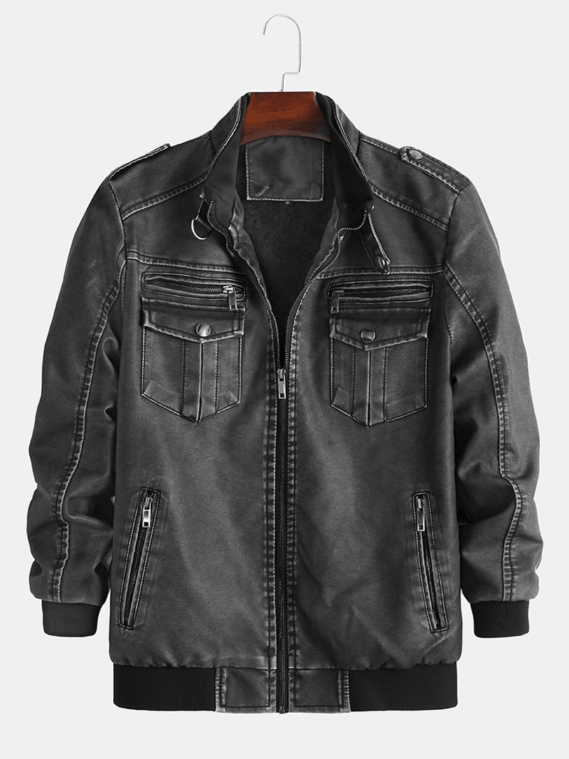 Mens Multi Pocket Zip-Up Windproof Warm Vintage PU Leather Jackets - MRSLM