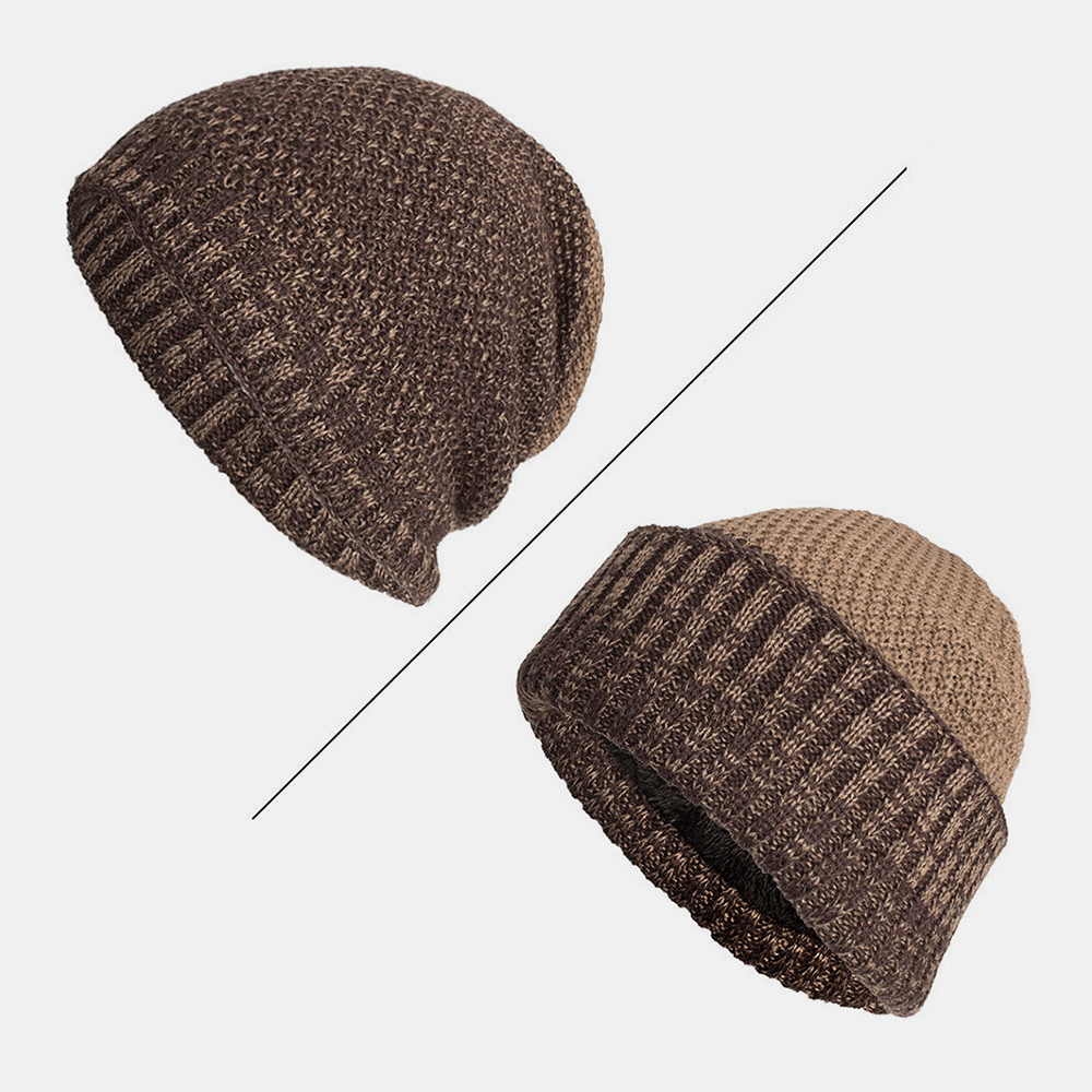 Men Polyester Cotton Autumn Winter plus Velvet Warmth Dual-Use Two-Color Knitted Hat Beanie Hat - MRSLM