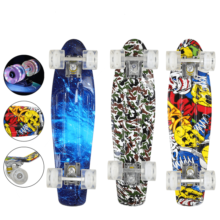 22" Junior Youth Skateboard Mini Standard Skate Board with High Rebound LED Flashing PU Wheels Long Board Gift for Beginners Gift for Children Adults - MRSLM