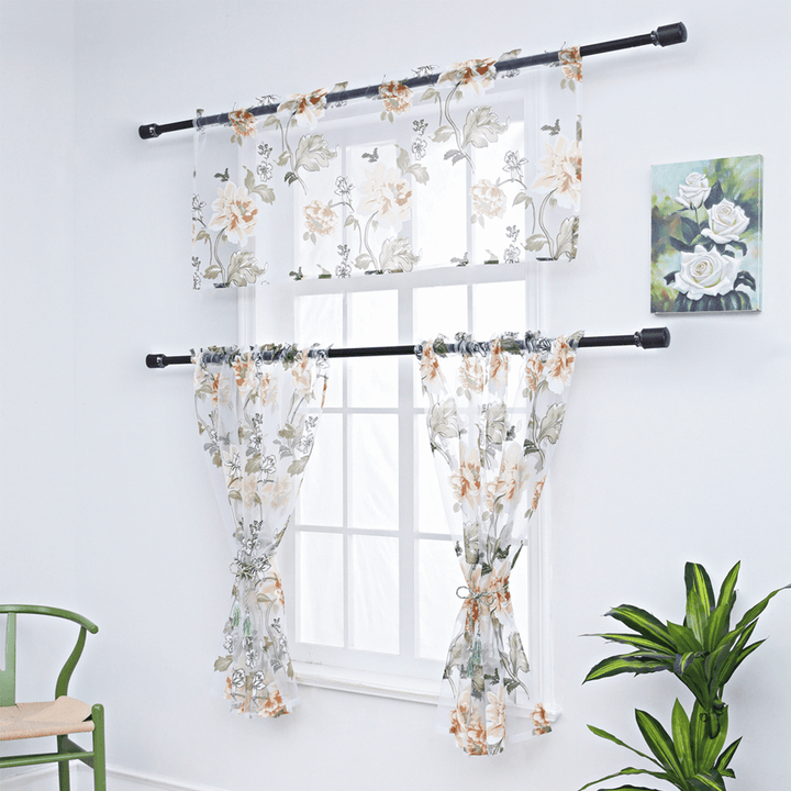 3 PCS Kitchen Curtain Washable Rod Pocket Curtain Tier Embroidered Floral Sheer Curtain - MRSLM