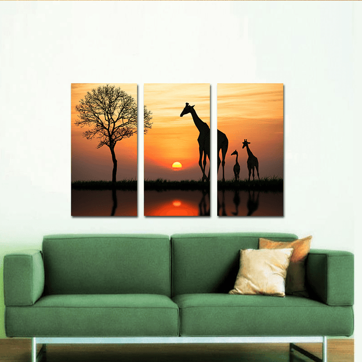 Miico Hand Painted Three Combination Decorative Paintings Giraffe in the Sunset Wall Art for Home Decoration - MRSLM