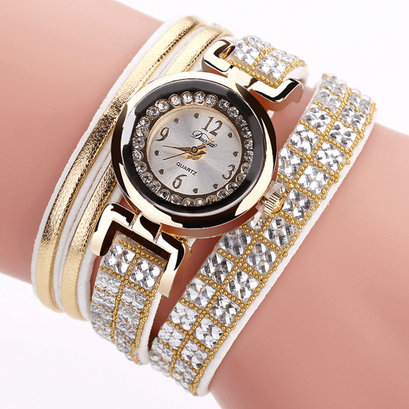 DUOYA Fashion Style Leather Band Bracelet Winding Rhinestones Dial Quartz Moement Ladies Watches - MRSLM