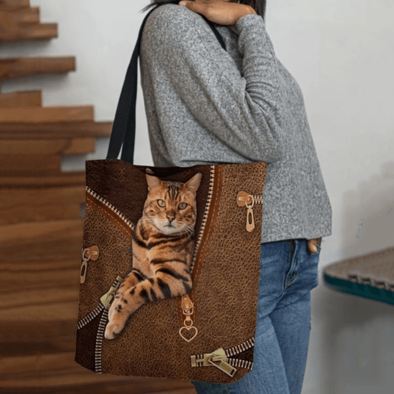 Women Canvas Cute 3D Three-Dimensional Vision Cat Pattern Shoulder Bag Handbag Tote - MRSLM