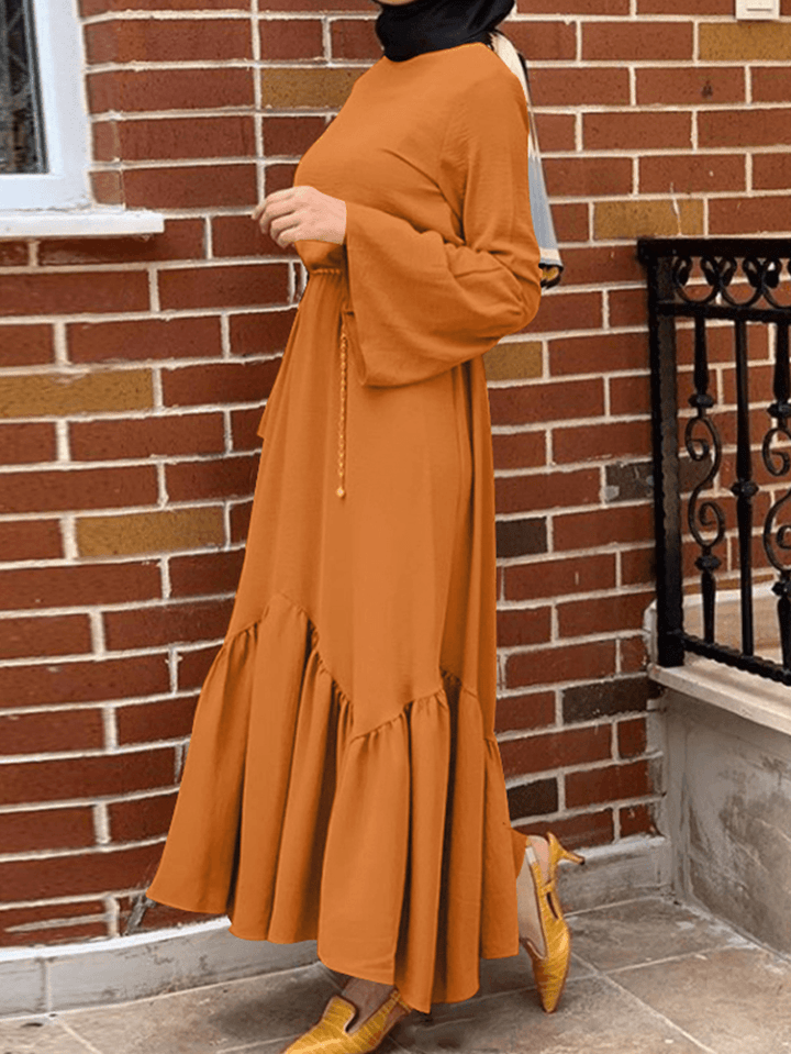 Women Solid Color Ruffle Long Sleeve Simple Kaftan Maxi Dresses - MRSLM