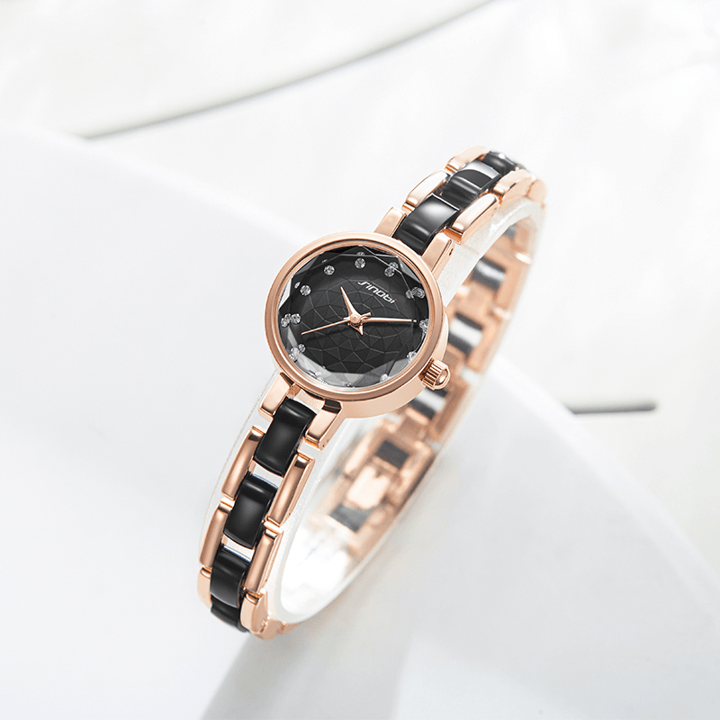 SINOBI 9836 Women Simple Three-Pin Crytal Diamonds Dial Fashion Ceramic Steel Strap Quartz Watch - MRSLM